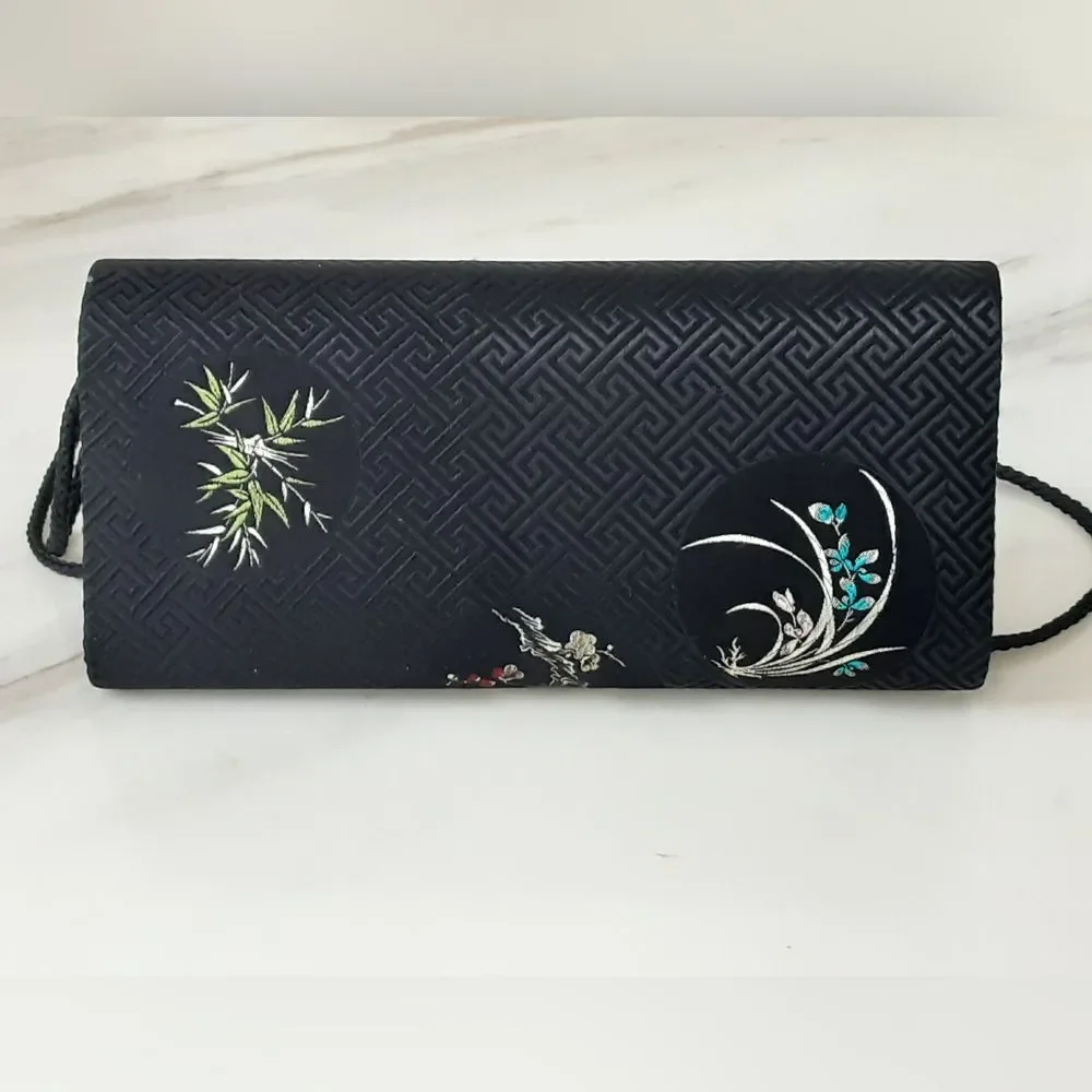 CAROLYN BARTON Japanese Kimono Silk Floral Embroidery Mirror Crossbody Clutch